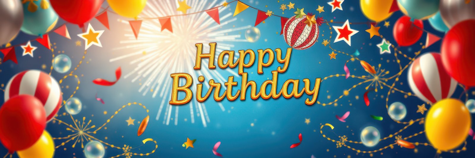 Colorful birthday celebration decorations with fireworks illuminating the night sky